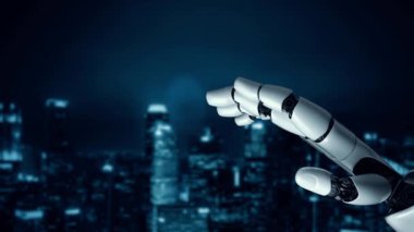 MLP Fütürist Robot Yapay Zeka, yapay zeka, yapay zeka, teknoloji geliştirme ve makine öğrenme kavramlarını aydınlatıyor. İnsan hayatının geleceği için küresel robot biyonik bilim araştırması. 3B görüntüleme grafiği.