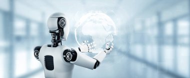 MLP 3d illüstrasyon yapay zeka kullanarak küresel iletişim ağı kavramını gösteren sanal ekran tutan yapay insan robot yapay zekası. 3B resimleme bilgisayarı