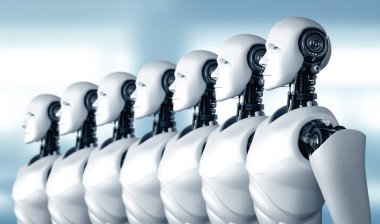 MLP 3D illüstrasyon. Robot insansı grubun gelecekteki yapay zeka kavramı ve 4. sanayi devrimi..