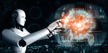 MLP 3d illüstrasyon yapay zeka kullanarak makine öğrenme sürecinde büyük veri analitiği kavramını gösteren sanal sanal sanal ekrana dokunan yapay yapay insansı robot yapay zekası. 3B illüstrasyon.