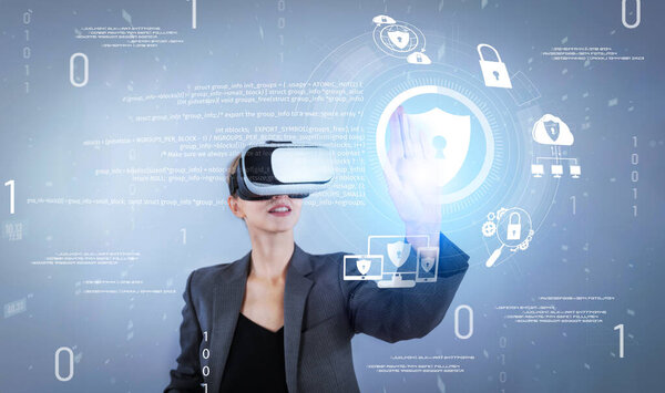 Business woman pointing and accessing at security protection system while using visual reality goggles. Professional project manager looking privacy firewall code by using VR headsets. Contraption.