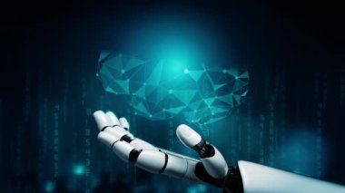 MLP Fütürist robot yapay zeka devrimci yapay zeka teknoloji geliştirme ve makine öğrenme kavramı. Gelecekteki insan hayatı için küresel robot engelleme zinciri araştırması. 3B görüntüleme