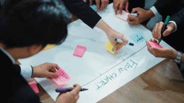 Profesyonel iş adamlarının el yazısını kapat ve çalışma kuruluna yapışkan bir not yaz. Proje yöneticisinin üst görünümü görev yaz ve zaman ve iş akışını yönetmek için kanban tahtasını kullan. Müdürlük.