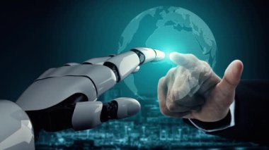 MLP Fütürist Robot Yapay Zeka, yapay zeka, yapay zeka, teknoloji geliştirme ve makine öğrenme kavramlarını aydınlatıyor. İnsan hayatının geleceği için küresel robotik RPA bilim araştırması. 3B görüntüleme grafiği.