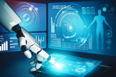 MLP 3D tıbbi yapay zeka robotu geleceğin hastanesinde çalışıyor. Hasta ve biyomedikal teknoloji konsepti için gelecekteki protez sağlık hizmetleri.