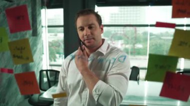 Profesyonel işadamı renkli yapışkan notlara yazılmış pazarlama stratejisi fikrine bakarken müşterilerine telefon ediyor. Proje yöneticisi duvardaki telefon analiz verileriyle konuşuyor. Yönlendirici.