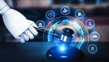 Yapay zeka yasası ve hukuki hukuk düzenlemeleri teknolojisini tasvir eden hukuki bilgilerle avukatlık bürosunda avukatlık araçları kullanan yapay zeka ile ilgili AI robot el tarafından gösterilen etik hukuk kavramı