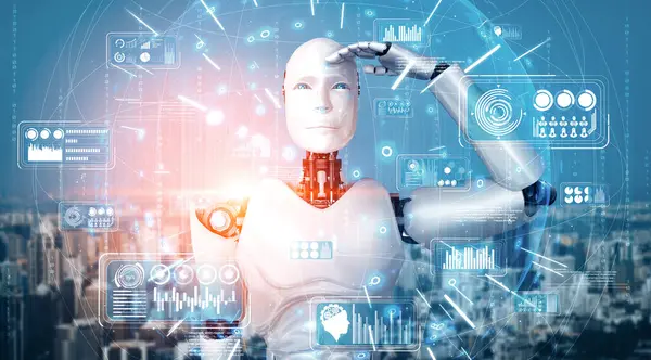 Mlp Illustration Humanoid Robot Looking Hologram Screen Showing Concept Big — Stock Photo, Image