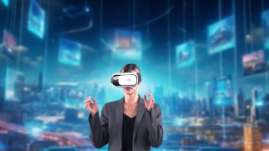 VR 'ı açmaya başlayan kadın büyük finansal iş grafiği büyük verileri analiz etti, arayüzü yükledi dijital bilgi ağı teknolojisi animasyonu ön görüntüde meta programında. Kısıtlanma.