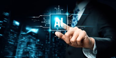 Human interact with AI artificial intelligence brain processor in concept of AI artificial intelligence engineering, big data and AI machine learning to use generative AI for business support. NLP. clipart