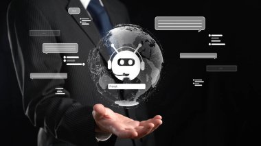 Yapay zeka sanal asistanı Chatbot ile yapay zeka konsepti ile insan etkileşimi, yapay zeka mühendisliği, LLM yapay zeka derin öğrenimi iş desteği için üretken yapay zeka kullanımı. FaaS