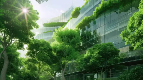 Cam ya da ayna yapısı, ağaç gibi zıt yöndeki her şeyi yansıtıyor. Bina bir sürü yeşil ağaçla çevrili. Ayna, güneşten gelen ışığı yansıtıyor. AIG43.