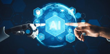 MLP 3D yorumlama fütüristik robot teknolojisi geliştirme, yapay zeka yapay zeka ve makine öğrenme kavramı. İnsan hayatının geleceği için küresel robot biyonik bilim araştırması.