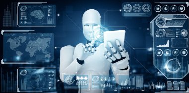 MLP 3D illüstrasyon Robot İnsansı Büyük Veri Analitiği için 4. Endüstriyel Sanayi için Yapay Zeka, Yapay Zeka ve Makine Öğrenme Süreci kullanılarak cep telefonu veya tablet kullanın