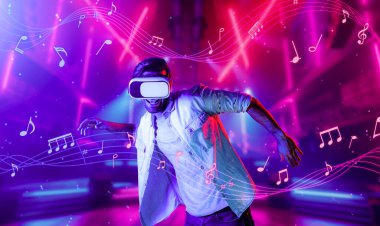 Sanal gerçeklik gözlüğü kullanarak müziğe yönelen beyaz bir adam. Günlük kıyafetleri olan enerjik bir insan dans etmekten hoşlanırken metaevrene ya da müzik notalarıyla çevrili taklit bir dünyaya girmekten zevk alır. Sapma.