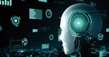 MLP 3d illüstrasyon Futuristik robot yapay zeka Huminoid yapay zeka endüstriyel fabrika teknolojisi geliştirme ve makine öğrenme konsepti için. İnsanoğlunun geleceği için robotik biyonik bilim araştırması