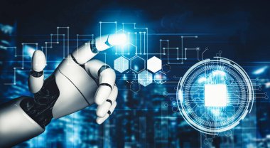 MLP 3D yorumlama fütüristik robot teknolojisi geliştirme, yapay zeka yapay zeka ve makine öğrenme kavramı. İnsan hayatının geleceği için küresel robot biyonik bilim araştırması.