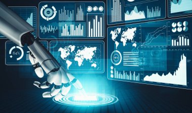 MLP 3D yorumlama fütüristik robot teknolojisi geliştirme, yapay zeka yapay zeka ve makine öğrenme kavramı. İnsan hayatının geleceği için küresel robot biyonik bilim araştırması.