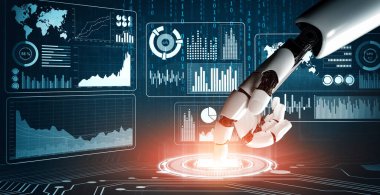 MLP 3D Rending futuristik robot teknolojisi geliştirme, yapay zeka yapay zeka ve makine öğrenme konsepti. İnsan hayatının geleceği için küresel robot biyonik bilim araştırması.