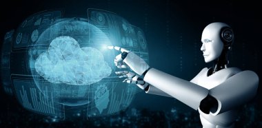 MLP 3d illüstrasyon yapay zeka robotu bulut hesaplama teknolojisini kullanarak çevrimiçi sunucuda veri depoluyor. Makine öğrenme süreciyle analiz edilen gelecekteki bulut bilgi depolama kavramı. 3B görüntüleme