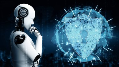 MLP 3D illüstrasyon yapay zeka robotu bilgi gizliliğini korumak için siber güvenliği kullanıyor. Yapay zeka ve makine öğrenme süreci tarafından siber suçları önleme konsepti. 3B görüntüleme