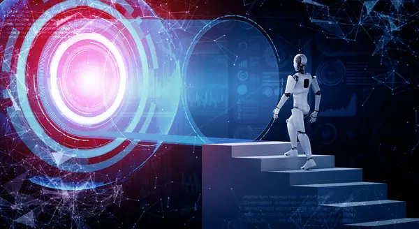 stock image MLP 3d illustration robot humanoid walk up stair to success and goals achievement. Concept of AI thinking brain and machine learning process for the 4th fourth industrial revolution.