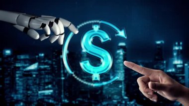 MLP Fütürist Robot Yapay Zeka, yapay zeka, yapay zeka, teknoloji geliştirme ve makine öğrenme kavramlarını aydınlatıyor. İnsan hayatının geleceği için küresel robotik RPA bilim araştırması. 3B görüntüleme grafiği.