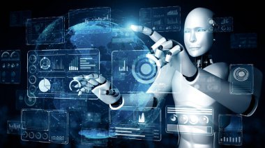 MLP 3d illüstrasyon yapay zeka kullanarak makine öğrenme sürecini kullanarak büyük veri analitiği kavramını gösteren sanal sanal ekrana dokunan yapay robot yapay zeka. 3B görüntüleme.