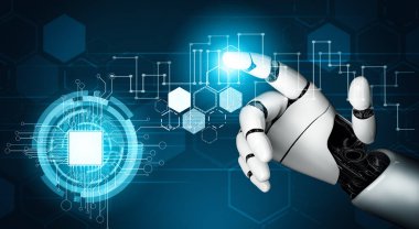 MLP 3D Rending futuristik robot teknolojisi geliştirme, yapay zeka yapay zeka ve makine öğrenme konsepti. İnsan hayatının geleceği için küresel robot biyonik bilim araştırması.