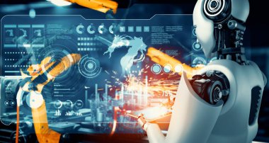 MLP Mekanize Endüstri Robotu ve robot silahları fabrika üretiminde kullanılacak. Sanayi devrimi ve otomasyon üretim süreci için yapay zeka kavramı.