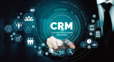 İş satış pazarlama sistemi konsepti için CRM Müşteri İlişkileri Yönetimi CRM veritabanı analizini desteklemek için hizmet uygulamasının fütüristik grafik arayüzünde sunulmuştur. uds