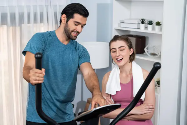 Athletic Sporty Young Couple Fitness Buddy Running Running Machine Together — Stock Photo, Image