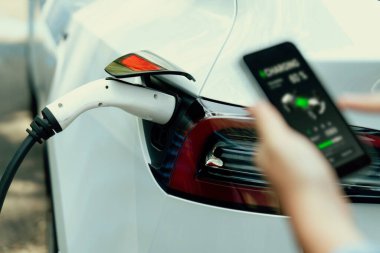 EV 'yi şarj etmek için elektrikli araca EV şarj prizi tak, akıllı telefon EV uygulamasında pil durumu görüntüsü. Ulaşım için alternatif temiz ve sürdürülebilir enerji. Kalıcı