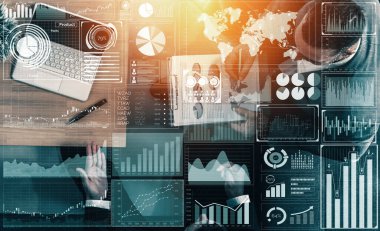 İş Mali Analitik Konsepti için Büyük Veri Teknolojisi. Modern arayüz ekranda iş satış raporları, kâr tablosu ve borsa eğilimleri analizleri hakkında muazzam bilgiler gösteriyor. uds