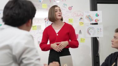Genç ve güzel profesyonel iş kadını, yaratıcı iş toplantısında yakışıklı yönetici dinlerken zihin haritalama ve istatistiksel grafik kullanarak pazarlama fikrini kendine güvenle sunuyor. Tertemiz..