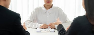 Kariyer hedefini tartışmak ve özgeçmiş ve deneyimi değerlendirmek için işe alım başvurusunda bulunan bir şirket çalışanı. Kariyer fırsatı için iş görüşmesi ve İK yöneticisi konsepti. Panorama Kurnazlığı