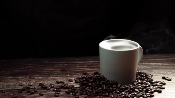 Hot Organic Coffee Cup Coffee Bean Table Dark Black Background — Wideo stockowe