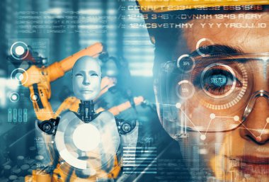 MLP Mekanize Endüstri Robotu ve insan işçileri gelecekteki fabrikada birlikte çalışıyorlar. Sanayi devrimi ve otomasyon üretim süreci için yapay zeka kavramı.