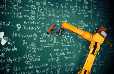 MLP Robot Kol Yapay Zeka mekanize endüstri problem çözümü için matematiği analiz ediyor. Otomatik üretim süreci için robot teknolojisi ve makine öğrenimi kavramı.