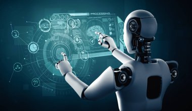 MLP 3d illüstrasyon yapay zeka ve yapay zeka kavramını gösteren sanal sanal hologram ekranına dokunan yapay zeka robotu. 3B illüstrasyon.