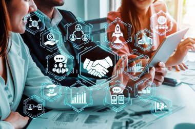 Girişimcilik, fon ve proje planının sembolünü gösteren modern grafik arayüzü akıllı girişimci grubunun yeni bir iş kurma planlarını gösteriyor. uds