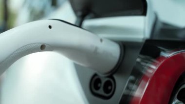 Genç çift, doğal orman ya da milli parktaki EV yolculuğunda kahve içip elektrikli araba için şarj oluyor. Tatil ve tatil boyunca çevre dostu seyahat. Yükselt