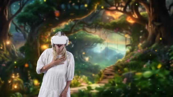 令人印象深刻的女人在梦幻般的仙境中穿过Vr 在野花楼梯间的森林童话中蜕变 在异想天开的丛林里呼吸出新鲜的空气 矛盾之处 — 图库视频影像