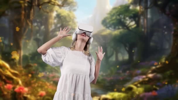 Woman White Dress Looking Glasses Surrounded Enchanted Wonderful Fairytale Forest — Stock Video