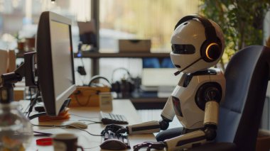 Çağrı merkezi asistanı olarak çalışan ve müşterilere yardım sağlayan robotun resmi, çağrı merkezi müşteri hizmetleri, çoklu görev ve ürün bilgisi gibi beceriler gerektirir. AIG43.