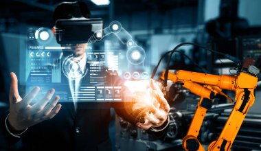 Dijital sanayi ve fabrika robotu teknolojisi için MLP Gelişmiş Robot Kol Sistemi. İnternet ağına bağlı IOT yazılımı kullanarak endüstri mühendisliği tarafından kontrol edilen otomasyon üretim robotu.