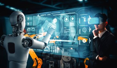 MLP Mekanize Endüstri Robotu ve insan işçileri gelecekteki fabrikada birlikte çalışıyorlar. Sanayi devrimi ve otomasyon üretim süreci için yapay zeka kavramı.