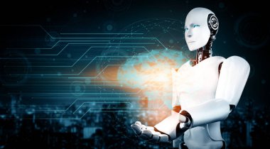 MLP 3d illüstrasyon yapay zeka ve yapay zeka kavramını gösteren sanal hologram ekran tutan yapay yapay yapay robot yapay zeka. 3B illüstrasyon.