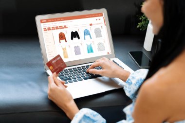 Genç bir kadın internet bankacılığı için kredi kartıyla dizüstü bilgisayar kullanıyor. Evinde online ödeme kapısı ile E ticareti yapıyor. Banka kartıyla modern ve kullanışlı online alışveriş. Blithe