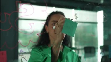 Zeki, profesyonel İspanyol iş kadınının portresi renkli yapışkan notlarla cam tahtaya pazarlama fikirleri yazıyor. Genç yönetici, analiz iş planının zihin haritasını çiziyor. - Yakın çekim. Yönlendirici.